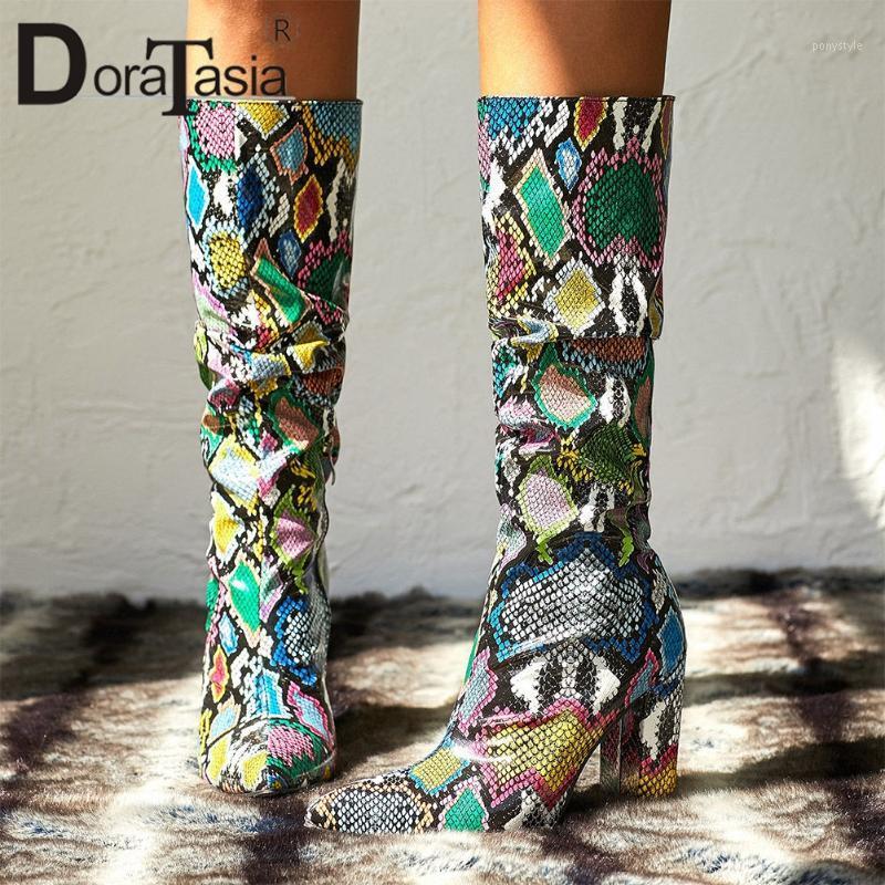 

DORATASIA Sexy Girl Snake Print Pointed Toe Zipper Pointed Toe High Heels Boots Designer Boots Women Mid Claf Shoes Woman1, Green