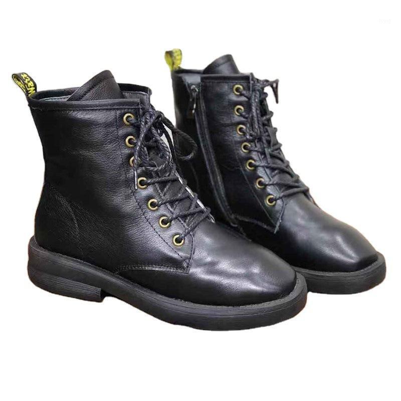 

8086-1 New Winter Wool Leather Boots Artistic Crafts Flat-Heeled Lace up Wool Warm Cowhide Women's Boots1, Coffee wool