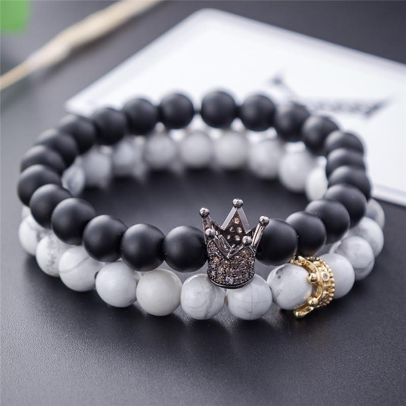 

Valentine's Day Gift Couple Bracelets Handmade Black & White Beads Crown King Charm Stone Bracelet Lovers