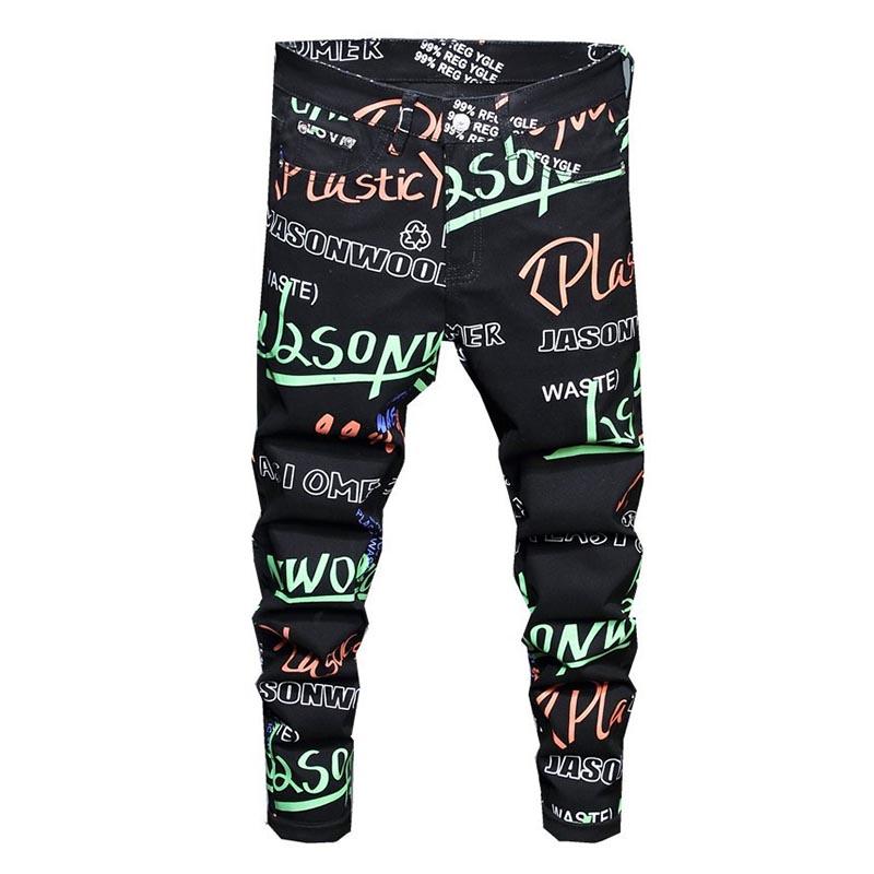 

KIOVNO Mens Fashion Printed Jeans Pants Pattern Stretch Denim Trousers For Male Hip Hop Night Club Wear, Black