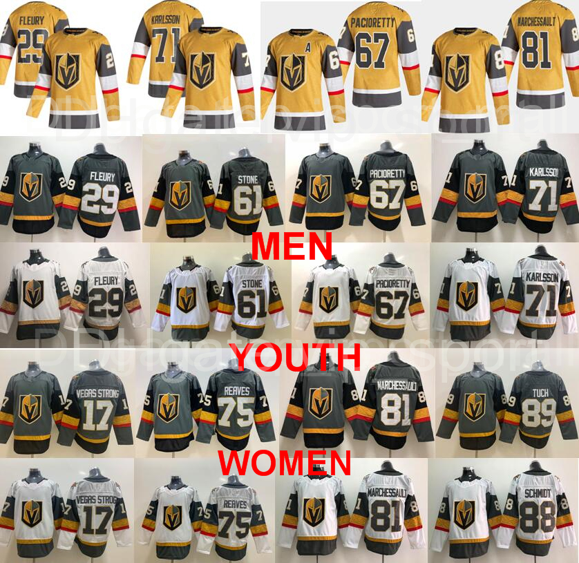 

Gold Vegas Golden Knights Jersey Marc-Andre Fleury Mark Stone William Karlsson Max Pacioretty Jonathan Marchessault Strong Ryan Reaves Tuch, Women grey