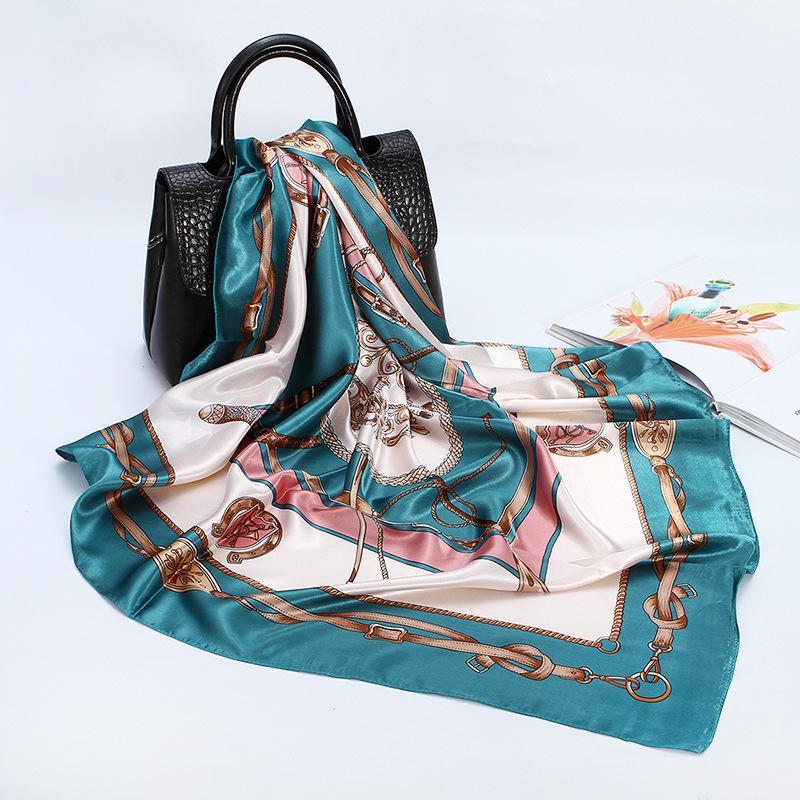 

2020 Silk Scarf Women Fashion Designer Beautiful flowers Foulard Soft Satin Shawl Scarfs Kerchief 90*90cm Square Neck Headscarf1