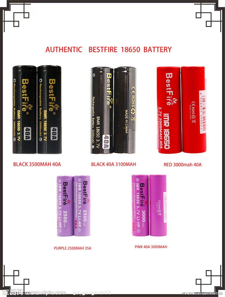 

BESTFIRE 18650 Battery Series 35A/40A 2500mAh/3100mAh/3000mAh/3500mAh Discharge Lithium batteries 5 models