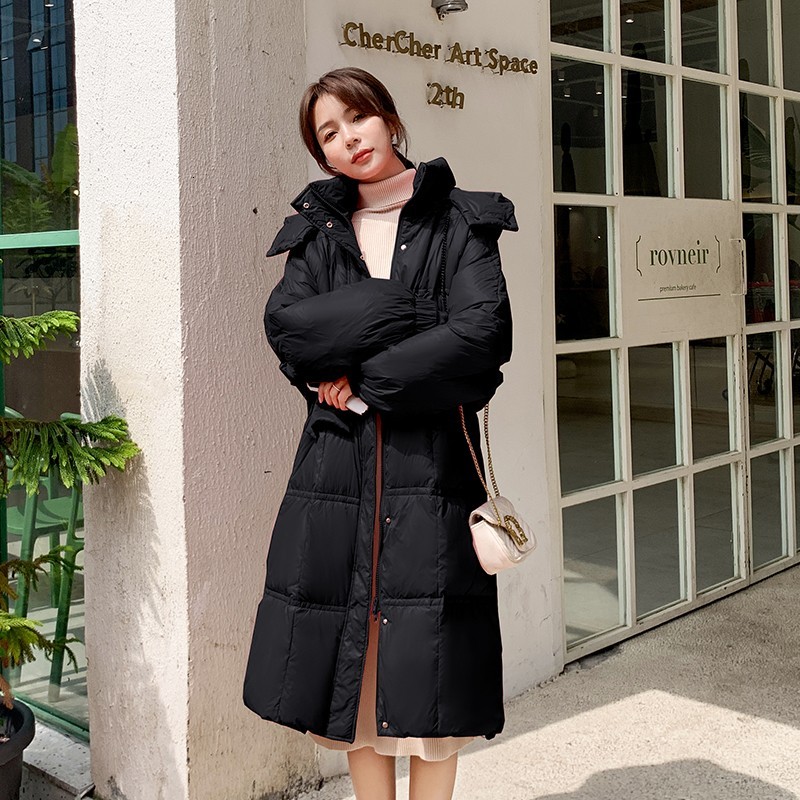 

2021 New Female Winter Pink 90% White Down Black Jacket with Hood Warm Thickness Outwear NQ4M