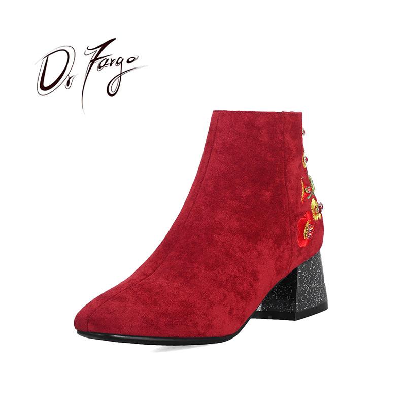 

DRFARGO Winter Shoes Women High Boots Pointed Toe Grey RED Black Ankle Boots plus big size 34-46 Flower Embroidery Heel Shoes, 1886 red