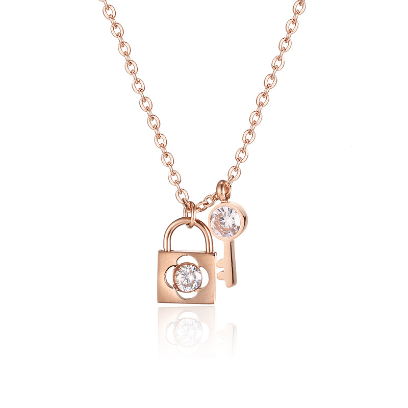 High Quality Young Rose Gold Plated Stainless Steel Lock and Key Pendant Necklace New Popular for Ladies-image-611921393
