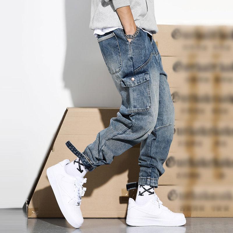 

Japanese Style Fashion Men Jeans Retro Blue Loose Fit High Quality Cargo Pants Harem Trousers Streetwear Hip Hop Jeans Men