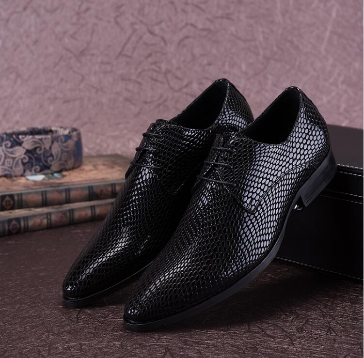 

Dress shoes men genuine leather lace up snakeskin classical black pointed toes smart casual shoes fashion formal dress moccasins, As pic