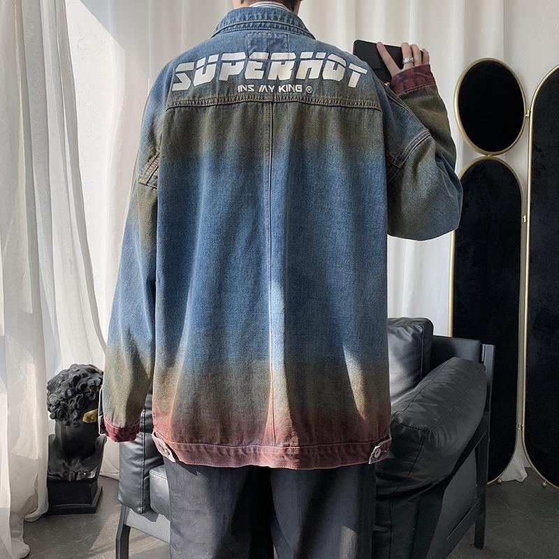 

iiDossan Mens Gradient Color Denim Jackets Men Patchwork Hiphop Jacket Jeans 2020 New Casual Loose Denim Coat Oversized Tops, As pic