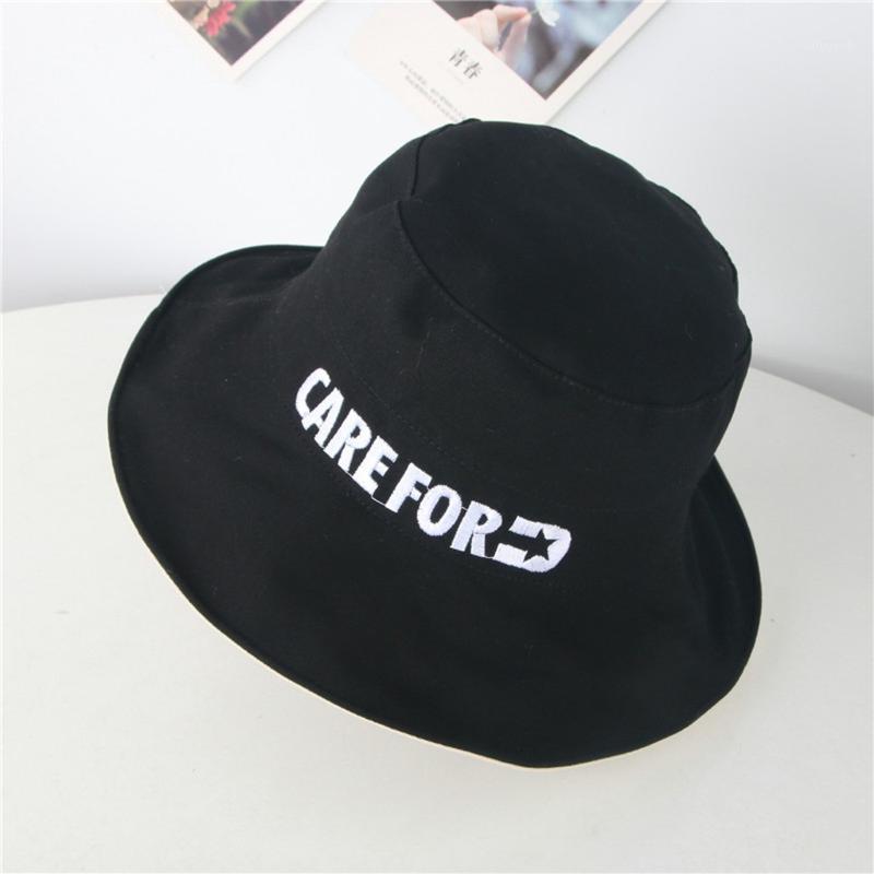 

Cloches Bucket Hat Children Kids Two-sided Wear Sun Hats Big Edge Sunscreen Fisherman Letter Print Cap Outdoor Sunhats Gorro1, Black