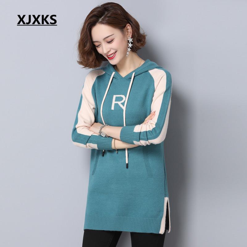 

XJXKS 2020 autumn winter new women long sweater fashion hooded comfortable women wool knitted sweater pullover, Black