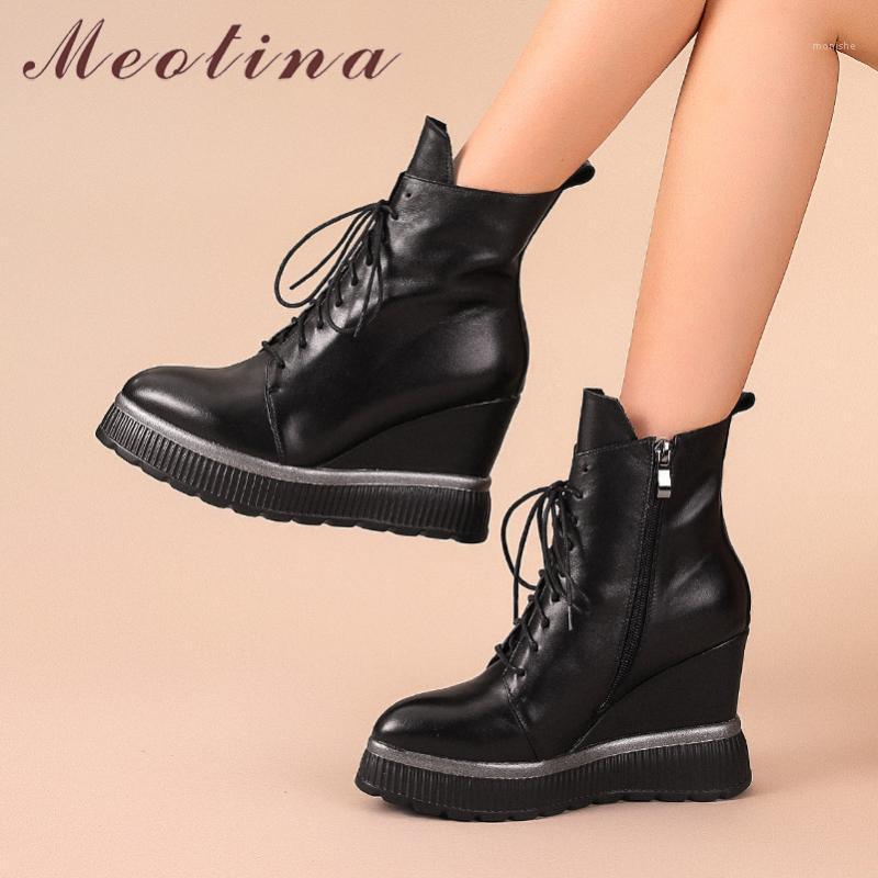 

Meotina Winter Ankle Boots Women Natural Genuine Leather Platform Wedge Heel Short Boots Zip Super High Heel Shoes Lady Fall 421, Black synthetic lini