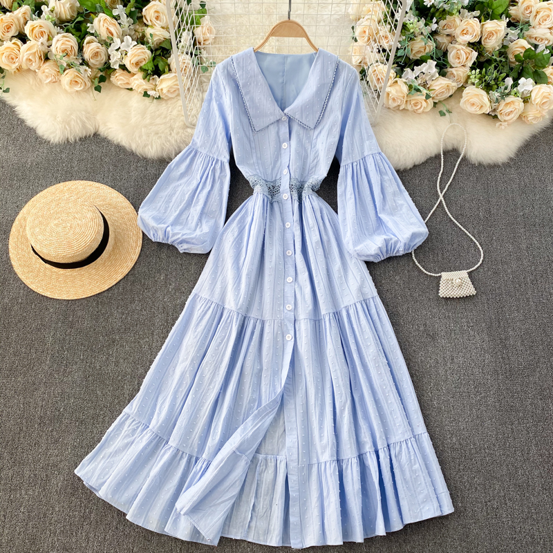 

2021 New Elegant female singiny chic puff lace button to line dressed autumn fashion streetwear long dress AG6A, Pink