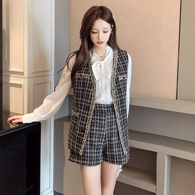 

2021 New Small Fragrance Clothes Girls Suit Women Autumn Winter 3 Piece Sets Tweed Vest Coat Tops + Shorts Vestidos Set 3upg, White vest short set