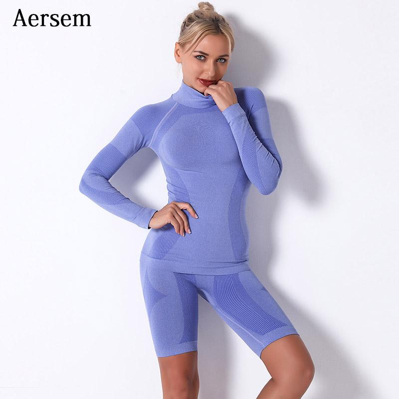 

Aersem Seamless Women Sports Set Striped Long Sleeve Crop Top+Shorts 2021 Knitting Workout Suit Running Gym Yoga Clothes Female