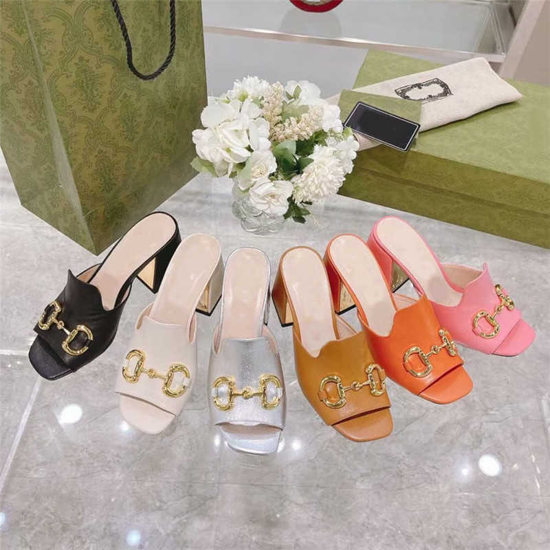 

2021 Designer Women High Heels Sandals Fashion Square Toe Slippers Horsebit Gold- Toned Slides Party wedding Pumps WIth Box, Color 6