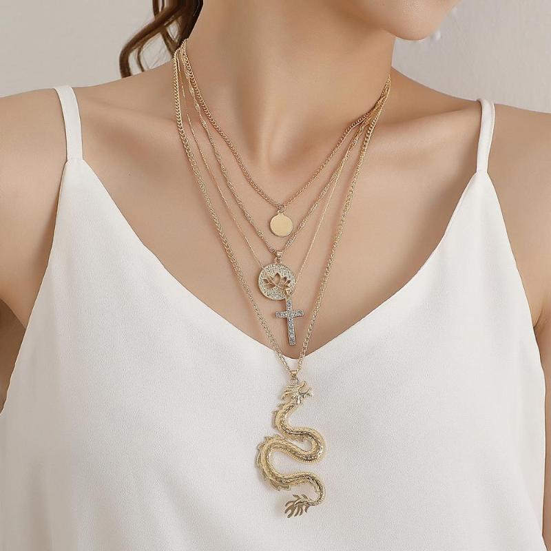 

Personality Multi Layer Crystal Cross Dragon Pendant Necklace for Women 2020 Trendy Punk Long Chain Necklace Statement Jewelry