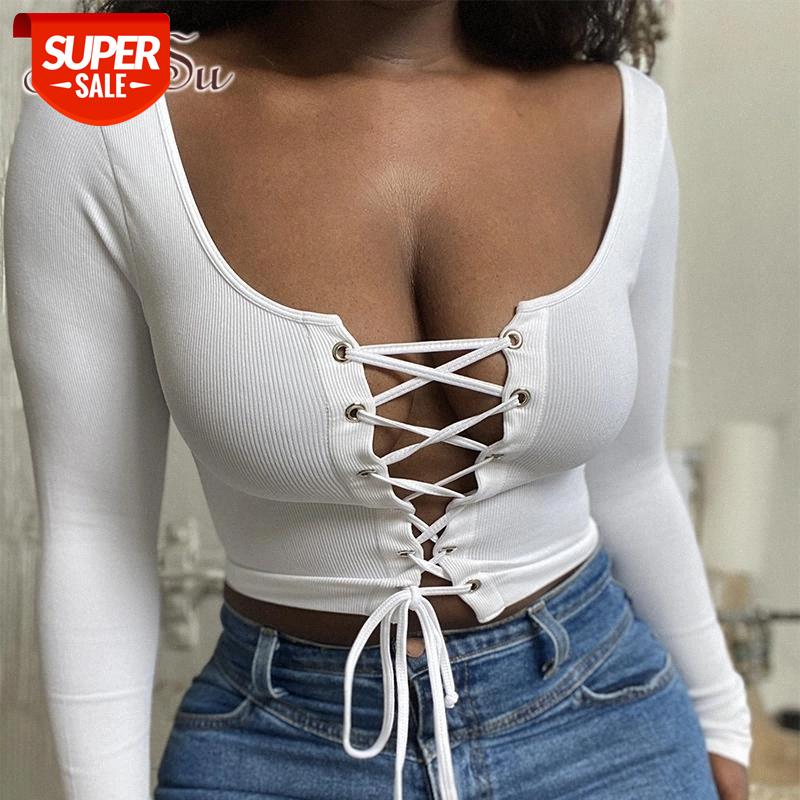 

ArtSu Bandage Tie Front White T-Shirts Fall 2020 Ribbed Knitted Long Sleeve Sexy Tops Shirt Women's Clothing Streetwear TS52354 #WM0q