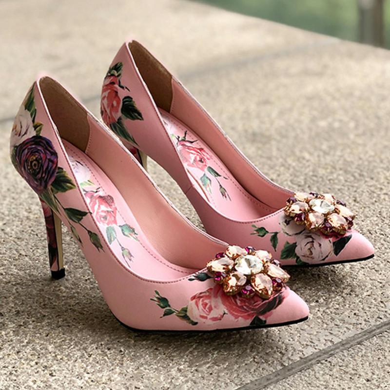 

Elegant Rhinestone Flower High Heels Fashion Rose Print Shoes Woman Slip-On Shallow Mouth Single Shoes Pointed Toe Ladies, As shown