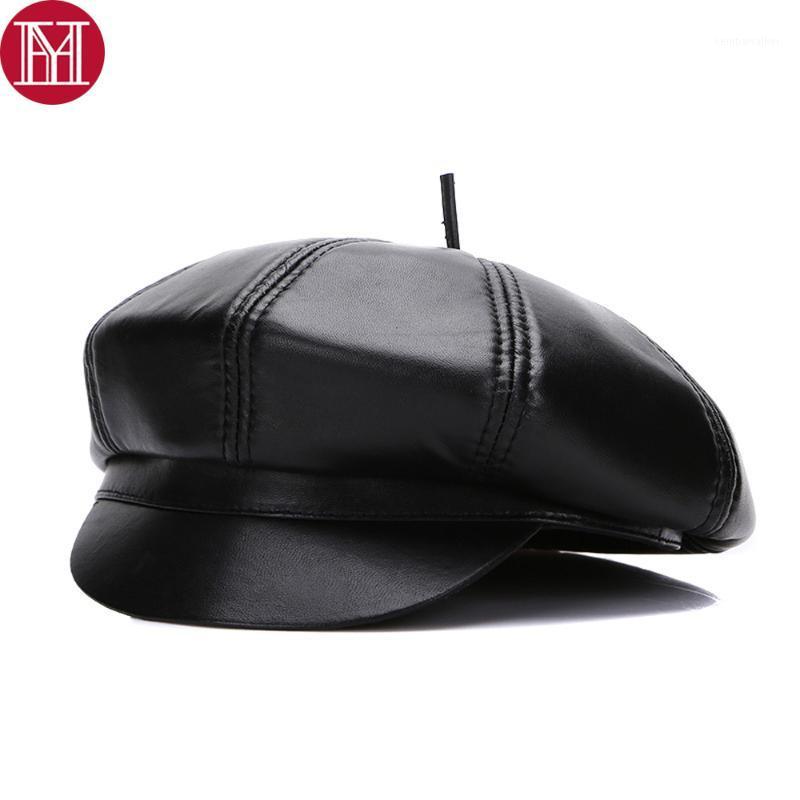 

Berets Autumn Winter Women 100% Natural Sheepskin Leather Hats Casual Octagonal Caps Wholesale Retail1, Black 1