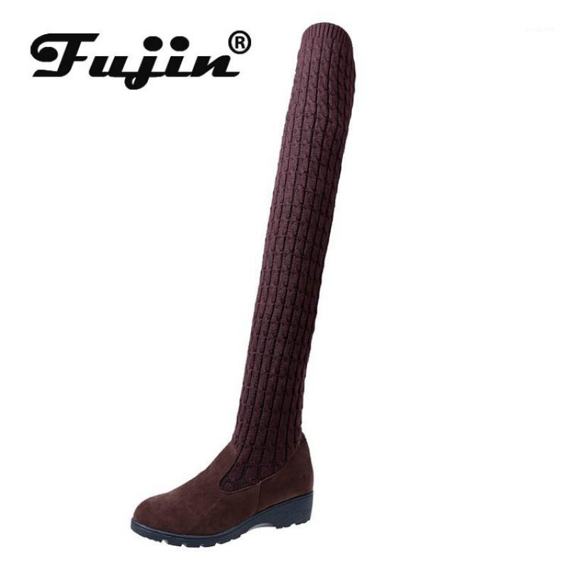 

Fujin Winter Women Boots Knitted Wool Dropshipping Flat Bottom Increasing Flock Fashion Round Toe Leisure Over The Knee Boots1, Black