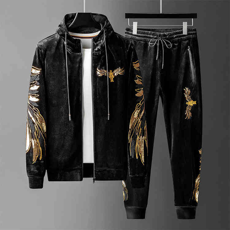 

Men's Tracksuits Winter Plush European fashion brand hooded thickened sweater set embroidered Eagle golden velvet casual warm sportswear A6IH, 1# shoe box
