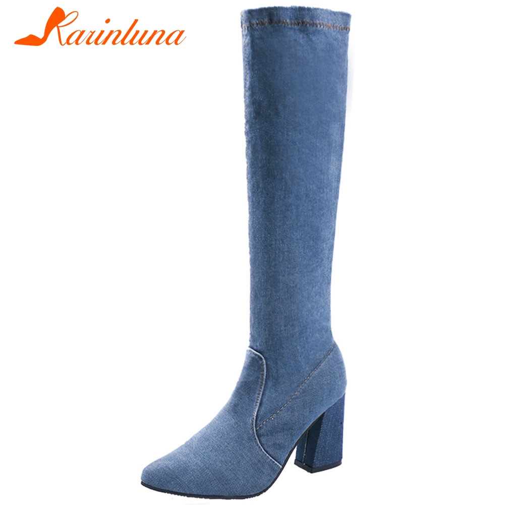

KARIN New Fashion Ladies Denim Knee High Heels Zip Round Toe Thick High Heels Boots Women 2020 Autumn Slim Shoes Woman, Light blue