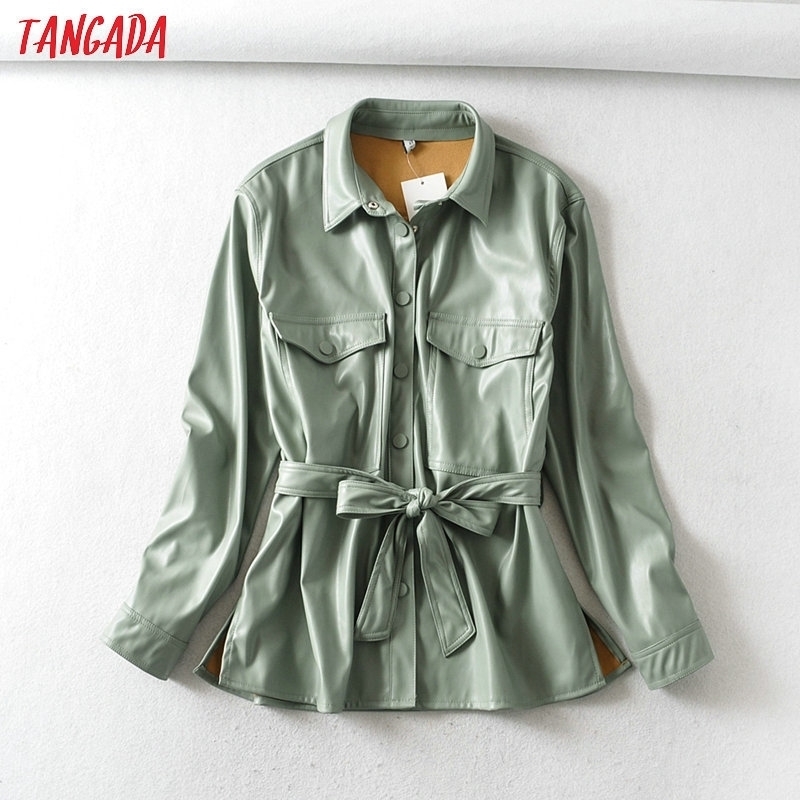 

Tangada Women light green faux leather jacket coat with beltLadies Long Sleeve loose oversize boy friend Coat 6A125 201120