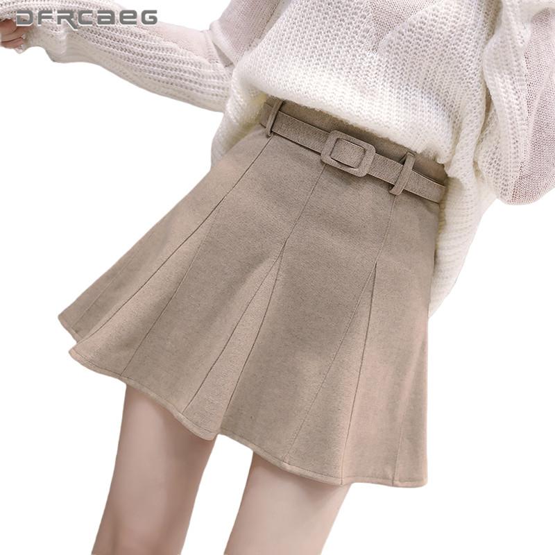 

New Arrivals Khaki Winter Wool Short Pleated Skirt Women 2020 High Waist Korean Style Ladies Warm Woolen Mini Skirts Hot Sale, Black