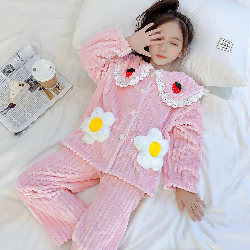 

Pajamas Children's Sets Girl Autumn Winter Homewear Sleepwear Flannel Fleece Thicken Kids Set Girls Clothes Teens Pyjamas Suit, Blue;red