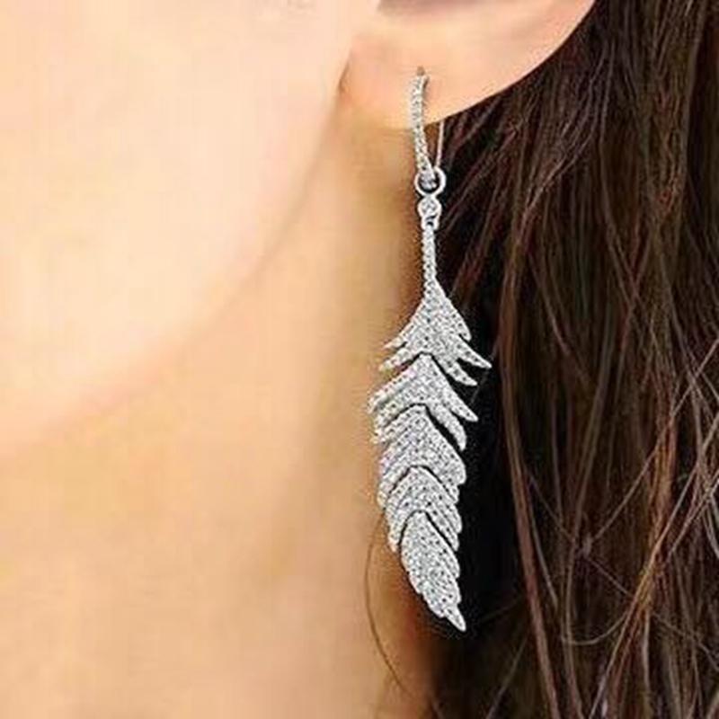 

Dangle & Chandelier Luxury Feather Earring Women Wedding Solid 925 Sterling Silver Long Earrings With Cubic Zirconia Diamond