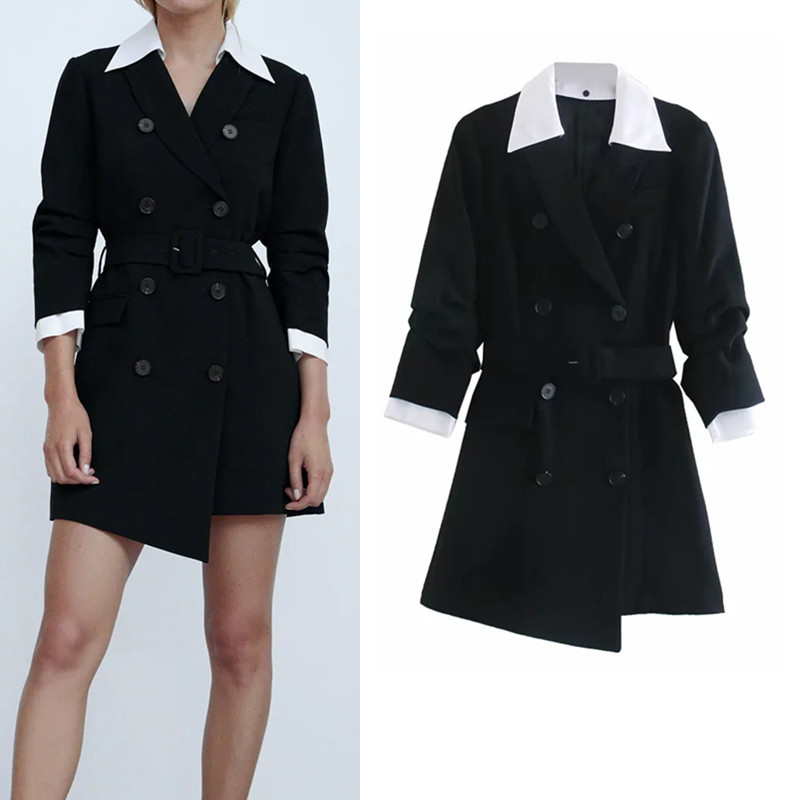 

2021 New Black Patchwork Blazer Short Dress Women Fashion with Belt Lapel Collar Long Sleeve Office Ladies Elegant Dresses Lg6q
