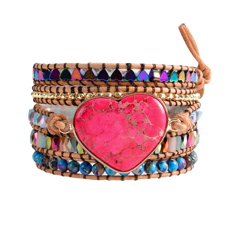 

Red Heart Shape Romantic Spiritual Leather Wrap Bracelets W/ Mix Stone 5 Strands Bracelet Classic Jewelry Bijoux Lover's Gift