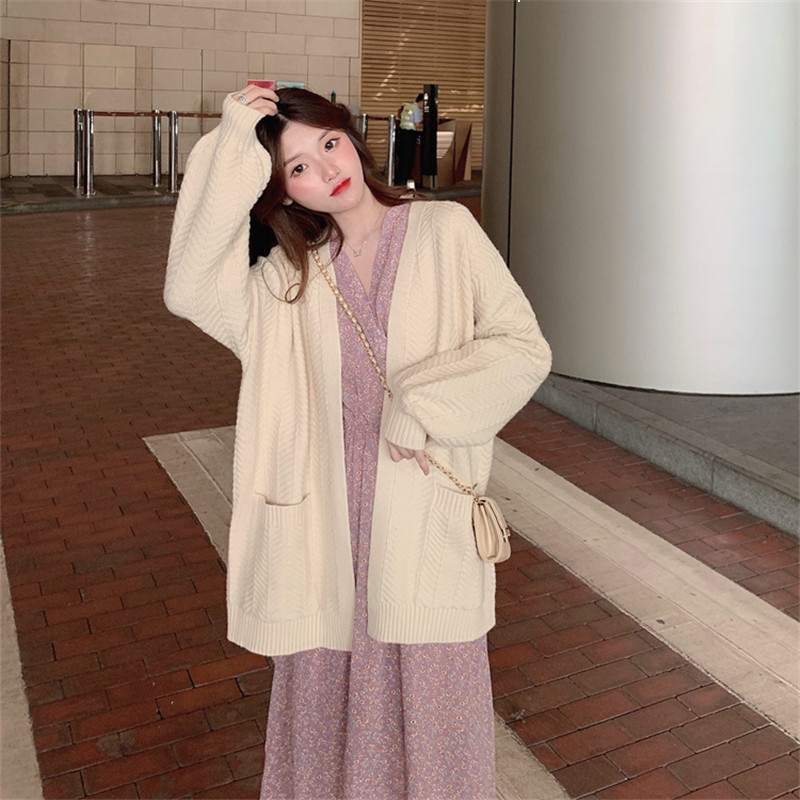 

2021 New Korean Look Female Sweater Loose Elegant Curly Mesh Cardigan Long Sleeve Neck High Pocket Jumpers OXM7, Beige