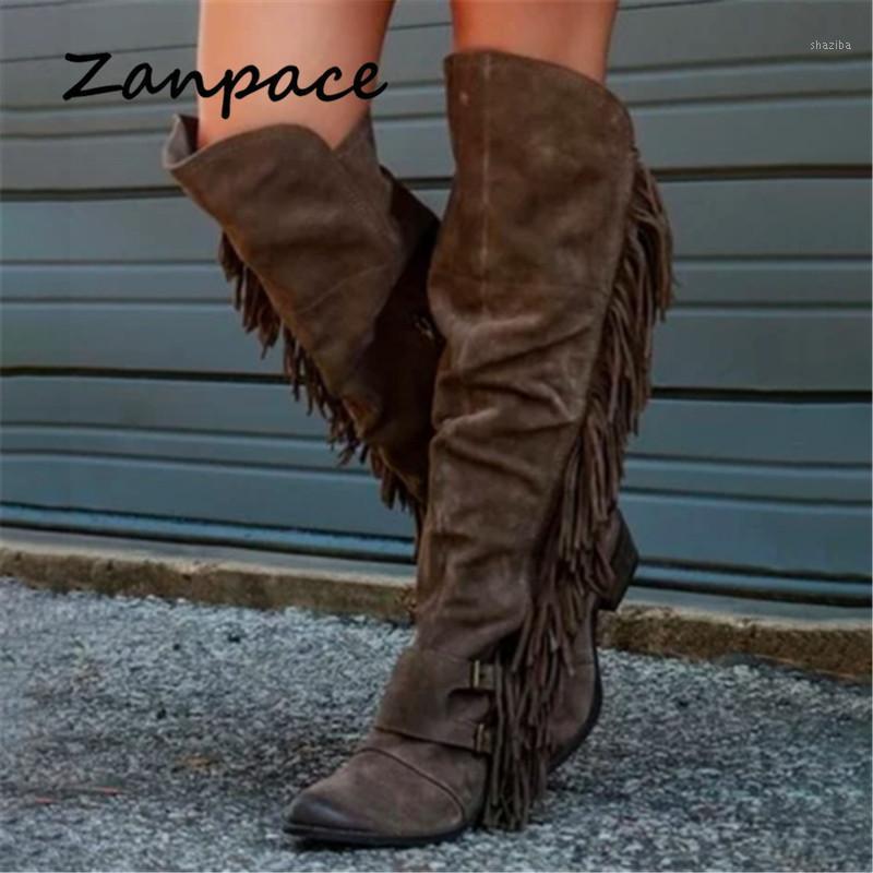 

ZANPACE 2020 Winter Retro Women Boots Thick Heel Over The Knee Size 43 Women Shoes with Fringe Slip On Round Toe Wedges Boots1, Brown boot