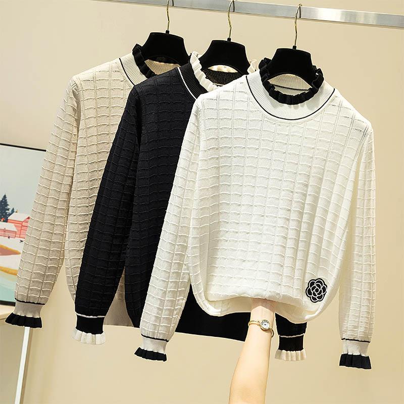 

AOSSVIAO Ruffles Ruched Women Sweater High Elastic Solid 2020 Fall Winter Fashion Sweater Women Thin Knitted Pullovers, Black