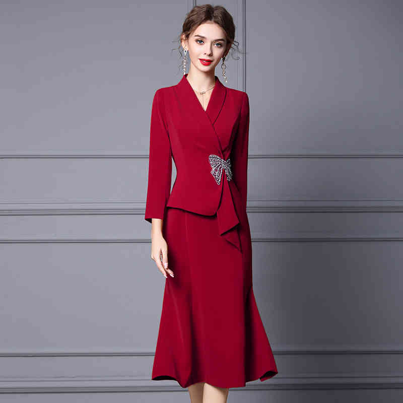 

Casual Dresses Zhili autumn dress formal occasion suit collar Nail Drill waist slim fishtail skirt JFDV, Orange long sleeves