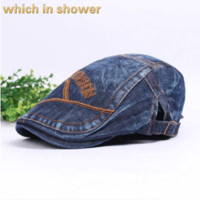 

which in shower casual denim beret male female casual jean flat cap women men snapback sun hat letter embroidery peaked cap bone, Black