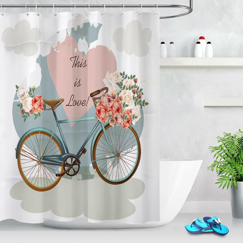 

Flowers Bike Valentine's Day Bathroom Shower Curtain Set Waterproof Fabric Hooks