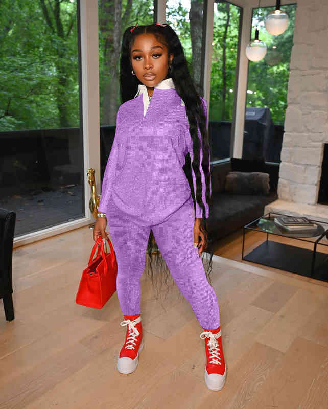 

Womens Long Sleeve Lapel Fashion Casual Printed Work Collar Sport Solid Two Piece Set, Gray