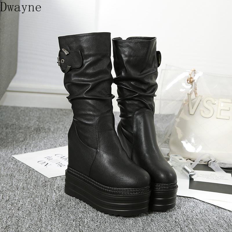 

13cm High Heel Middle Tube Boots Increased Within Women's Boots Thick-Soled Retro Wedges Plus Velvet Short1, White