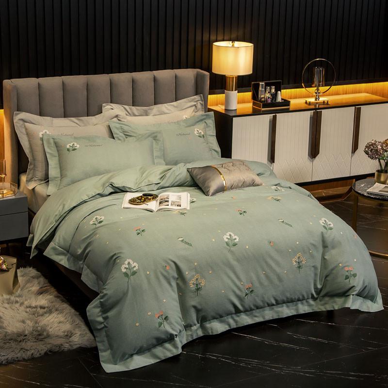 

Luxury Style 60S Pure Cotton Embroidery 4pcs Duvet Cover Bed Sheet Pillowcases Solid Green Ruby Purple Silver Grey Queen King