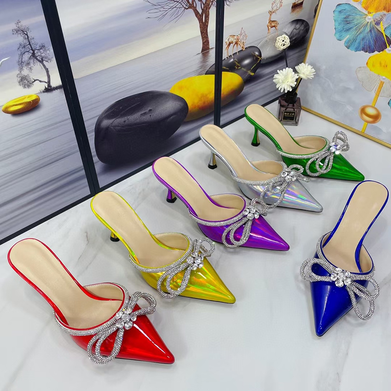 

genuine leather slippers MACH heeled sandals Rhinestone bow decorative evening women shoes Luxury designer sandal Fashion 6.5CM Middle heel womens slipper, Blue