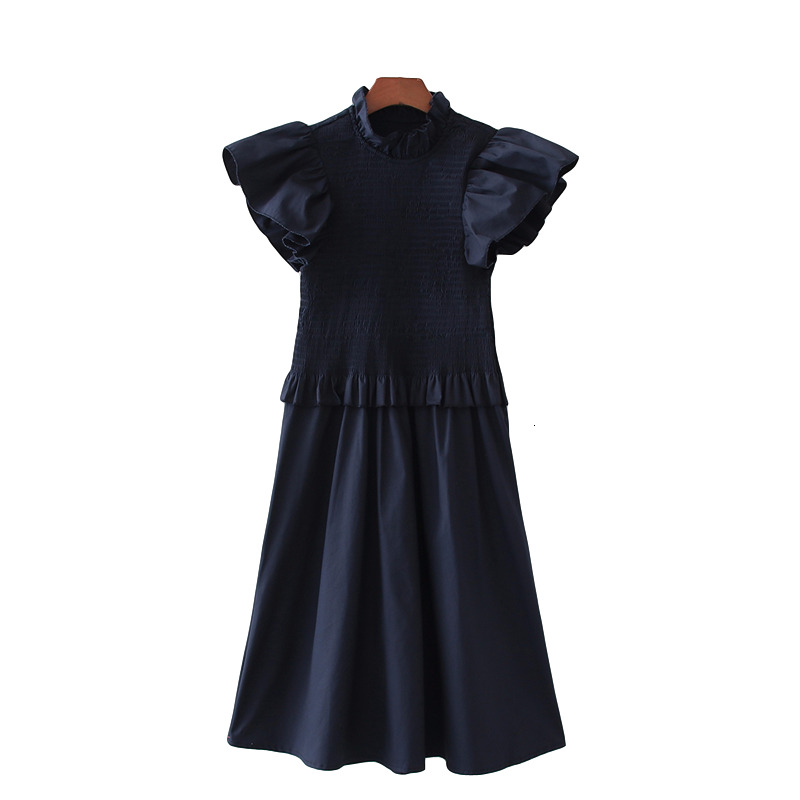 

New Sweet Women Elastic Patchwork 2021 Fashion Ladies Solid Stand Collar Vestidos Elegant Female Chic Ruffles Es Mn4d, Navy blue