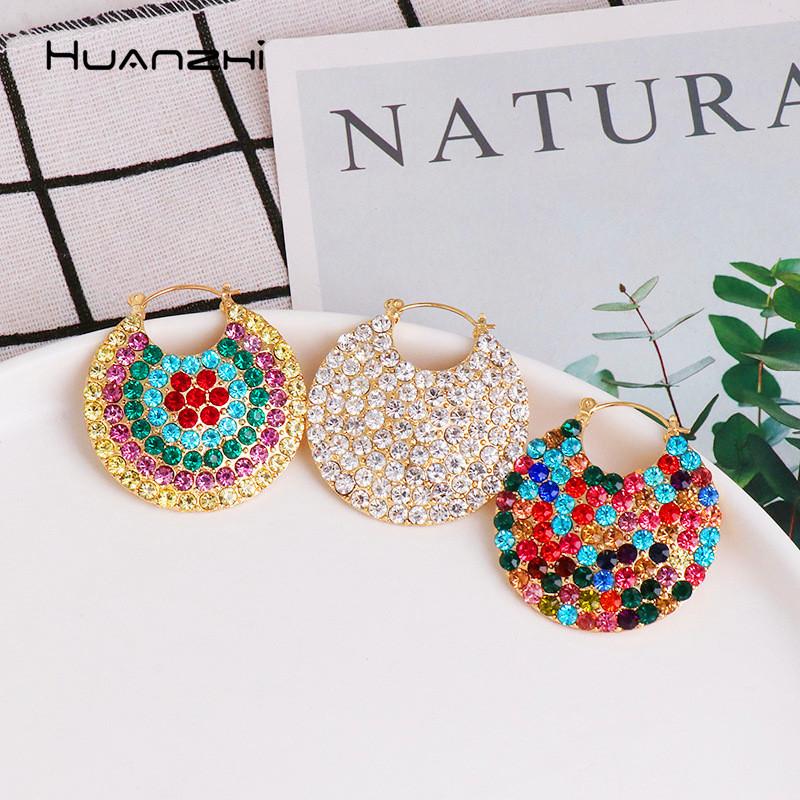 

HUANZHI 2020 New Vintage Rainbow Colorful Rhinestone Shinny Hoop Earrings Metal Geometric Bohemia for Women Party Jewelry