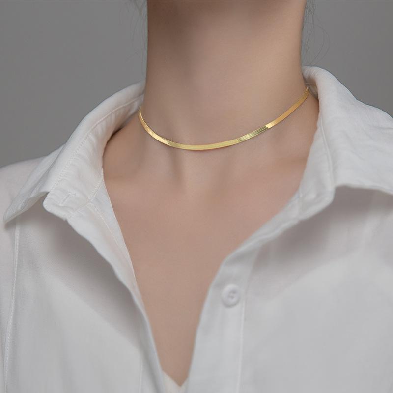 

925 Sterling Silver Gold Blade Chain Flat Snake Necklace Choker Women Sexy Gift Width 1.7 2 MM Length 36 CM Adjustable 5 MIQIAO