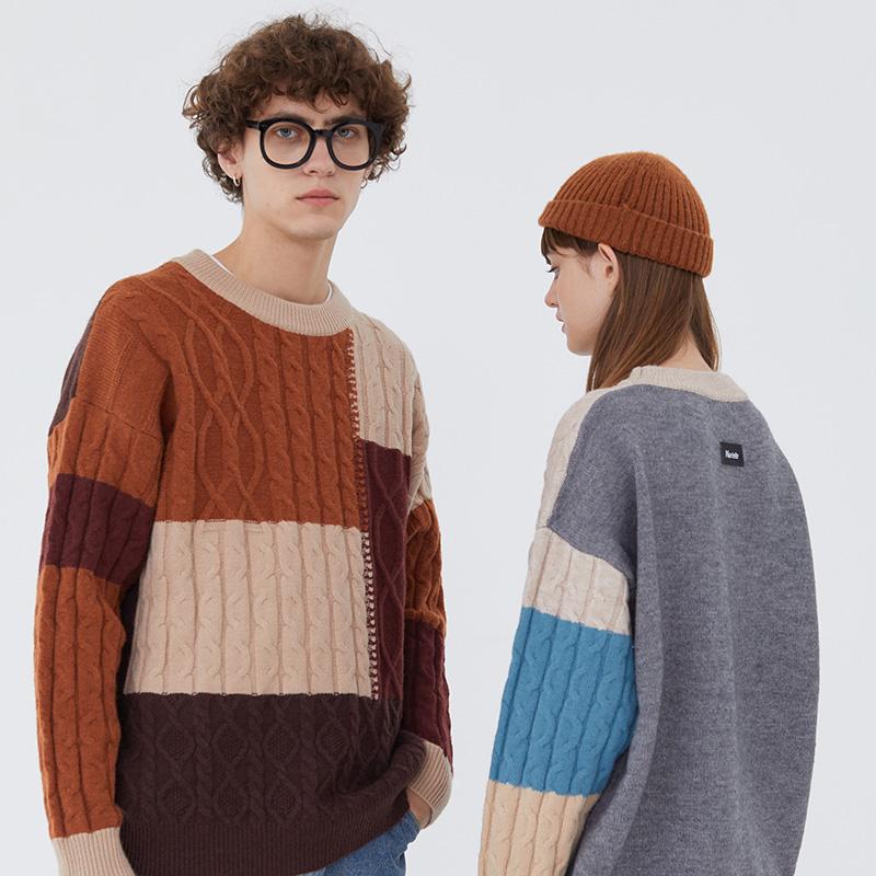 

Hip Hop Streetwear Knitted Sweater Color Block Patchwork Vintage Retro Pullover Harajuku Cotton 2021 Mens Autumn Winter Sweater, A500532 blue