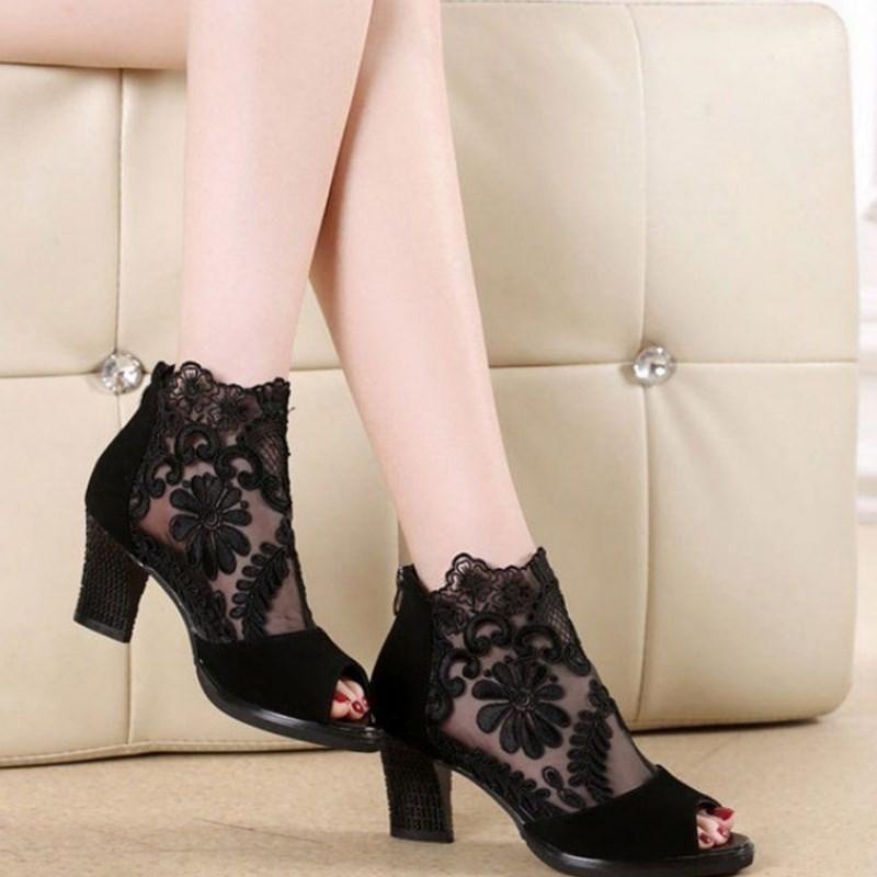 

AECBUY Sandals Female 2021 New Luomayu Mouth Shoes Lace Net Gauze Breathable High Heels Thick Heels Women's Shoes 7GGXPa121, Black