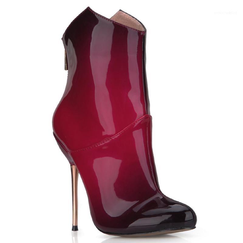 

Women Stiletto Thin Iron High Heel Mid-Calf Boots Round Toe Black PU Sexy Fashion Evening Party Ball Lady Half Boots 3845BT-c1, Black and red