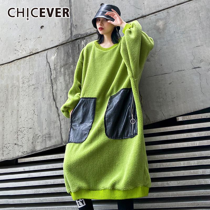 

CHICEVER Patchwork Hit Color Women's Sweatshirt O Neck Lantern Sleeve Patchwork PU Pocket Oversize Pullover Female 2020 Fashion, Green